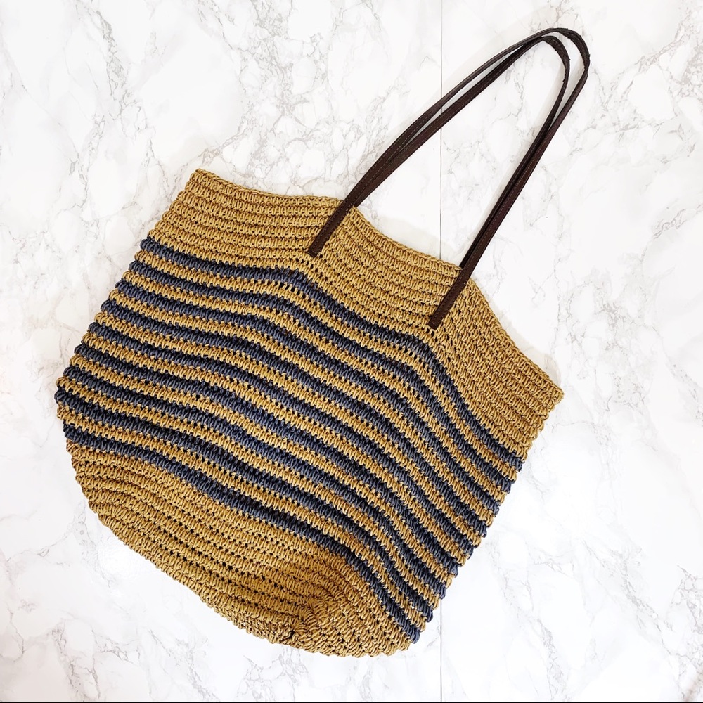 J. Crew The Farmers Market Tote Straw Blue Stripe